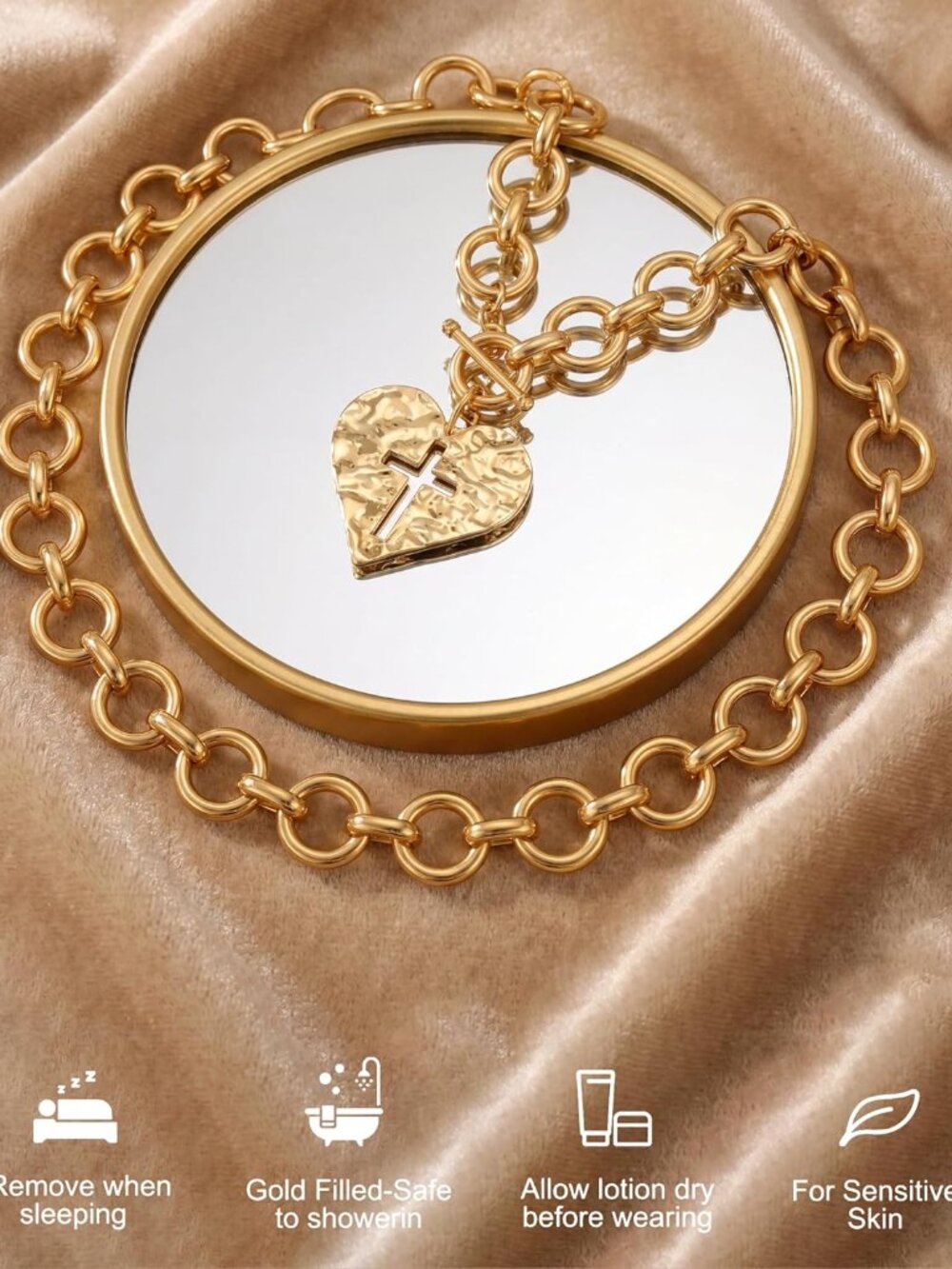 Gold Chunky Cross Necklace for Women Hammered Chunky Necklaces | 14K Gold Plated - Picture 6 of 6